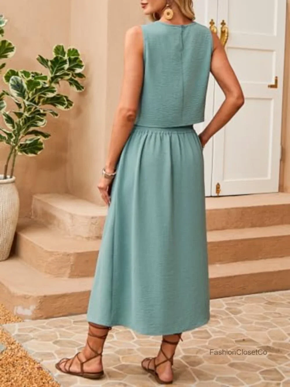 Women 2 Piece Outfit Sleeveless Tank Top Midi Skirt Set with Pockets Summer